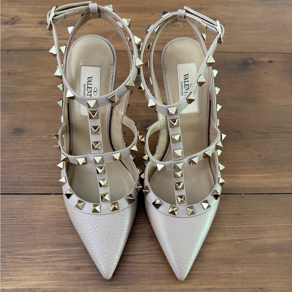 Valentino Rockstud Grainy Leather Ankle Strap Pumps